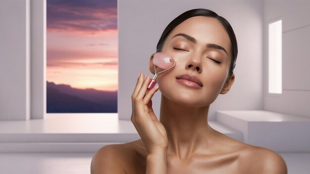 Woman doing self massage with rose quartz face roller