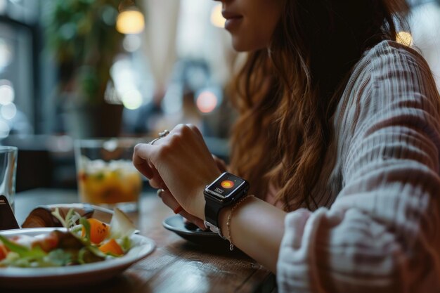 Photo woman doing smartwatch settlement at cafe restaurant