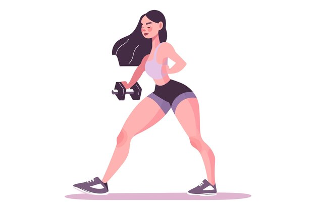 Photo woman doing sport body workout dumbbell lunges exercise flat vector illustration isolated on white background