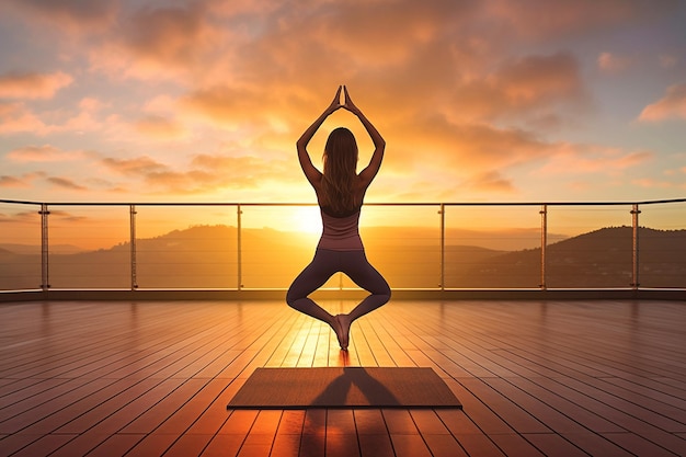 Woman doing sunrise yoga on a rooftop terrace