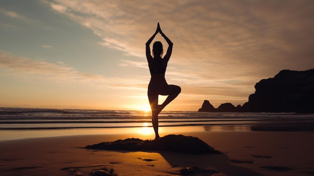 A woman doing yoga on the beach