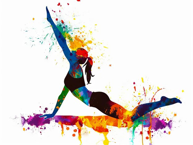 Photo a woman doing yoga in colorful paint splatters