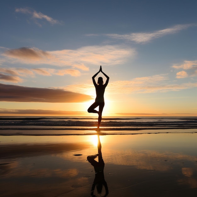 Woman doing yoga exercise on sunset beach picture AI Generated art