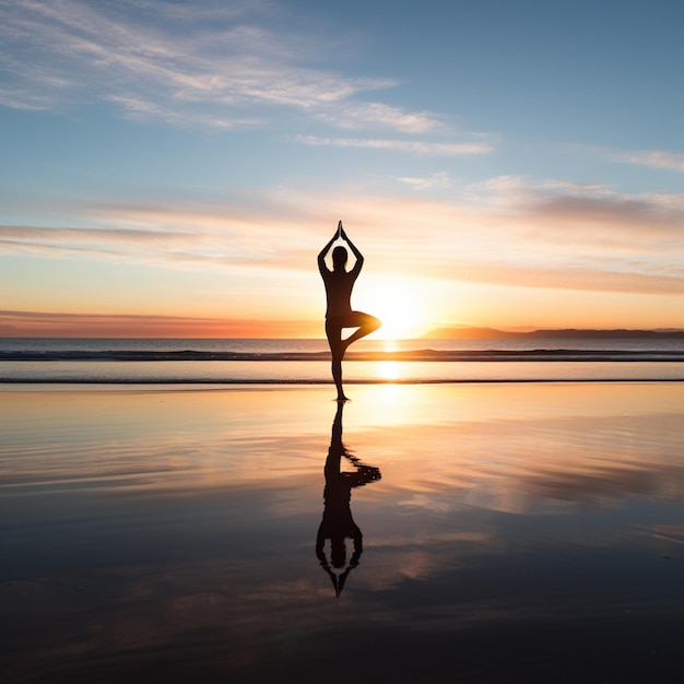 Woman doing yoga exercise on sunset beach picture AI Generated art