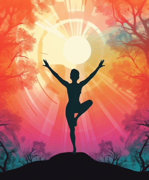 A woman doing yoga in front of a sun