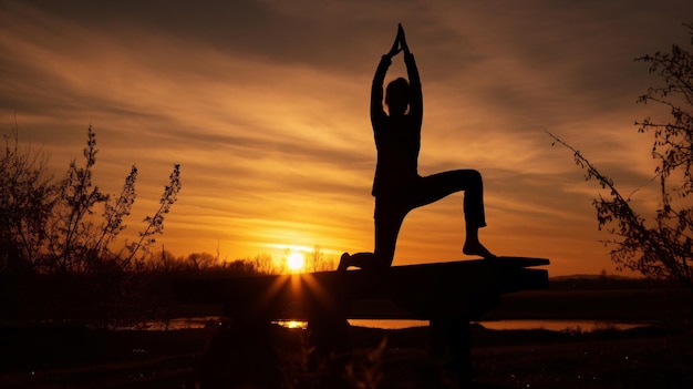 A woman doing yoga in front of a sunset