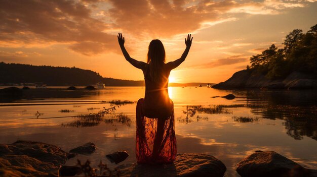 Photo a woman doing yoga in front of a sunset