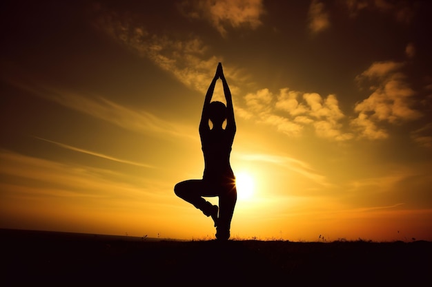 A woman doing yoga in front of a sunset