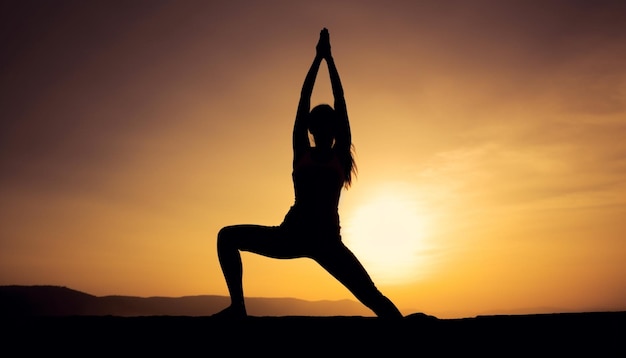 A woman doing yoga in front of a sunset