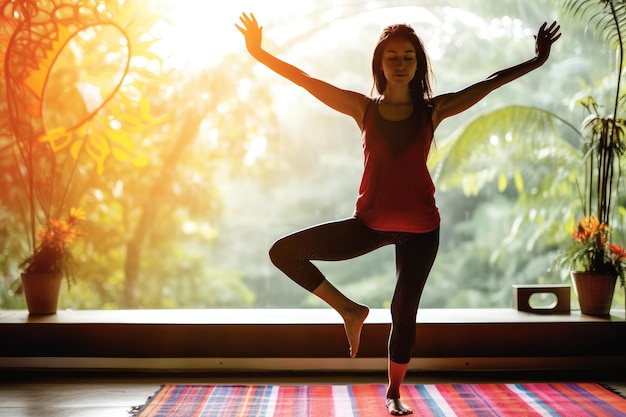 A woman doing yoga in front of a window