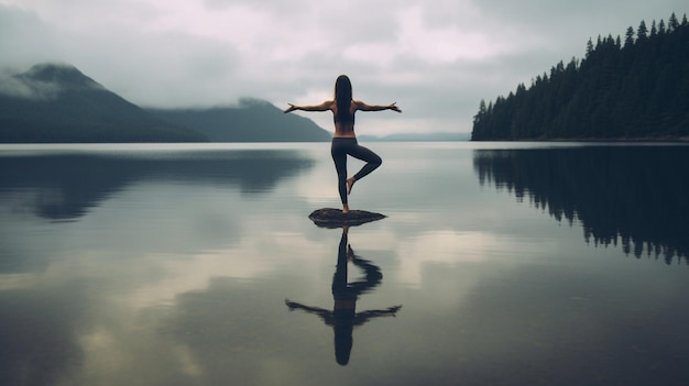 曇り空を背景に湖でヨガをしている女性