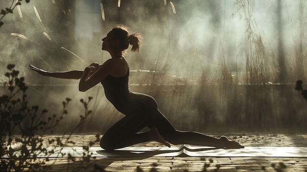 a woman doing yoga in the morning light