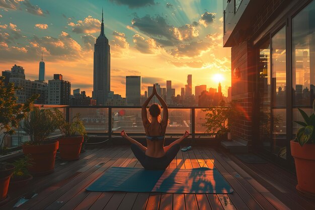 Photo a woman doing yoga on a rooftop at sunset