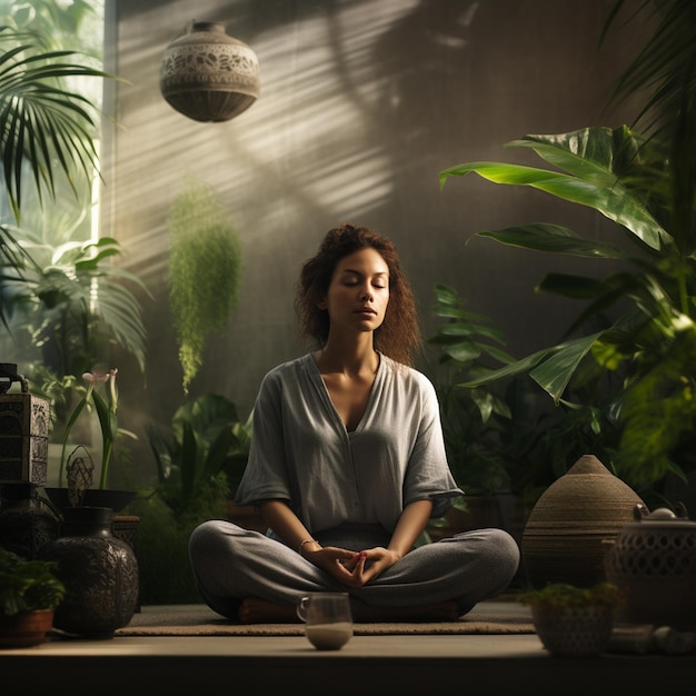 A woman doing yoga in room