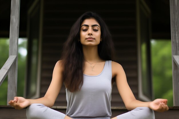 Woman doing yoga sitting on backyard