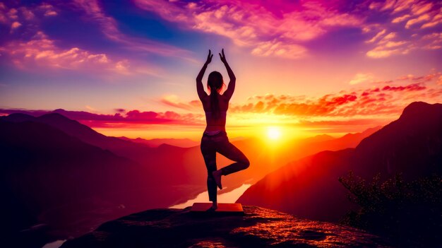 Woman doing yoga on top of mountain with the sun setting in the background