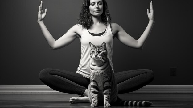 Photo a woman doing yoga with her cat playfully background