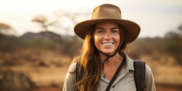 The woman dons an adventurer outfit and hat with a smile tourist concept