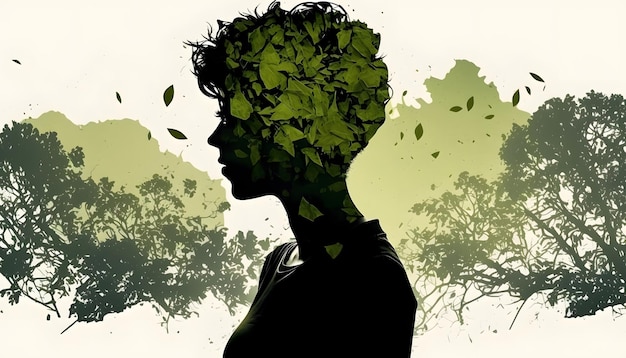 woman in double exposure with nature, environmental care concept, sustainable development