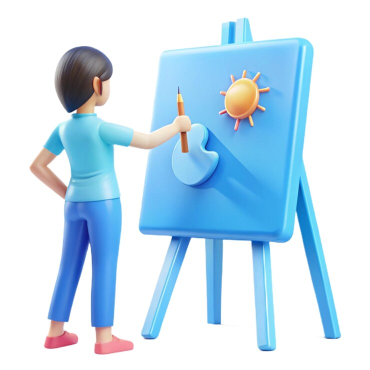Photo カートゥーンキャラクターを描いた青いサインを描いている女性
