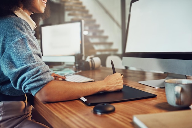 Woman drawing and digital tablet on mockup screen for designer writing or sketching at office Creative female in design working late at night for project deadline on technology display for startup