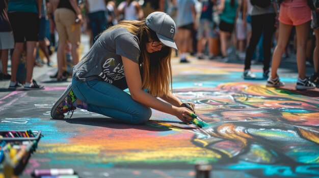 Woman Drawing on the Ground With Chalk