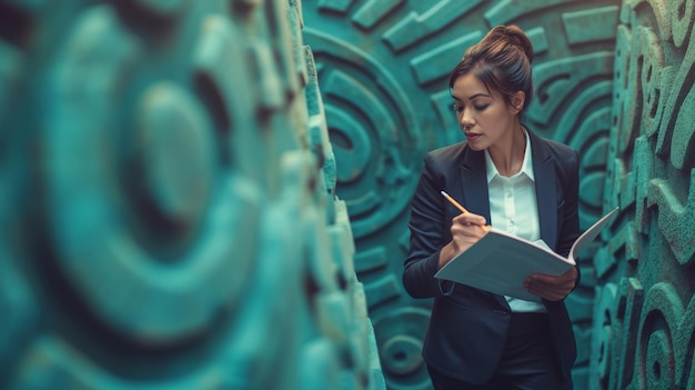 Photo a woman drawing a solution to a complex maze on a paper