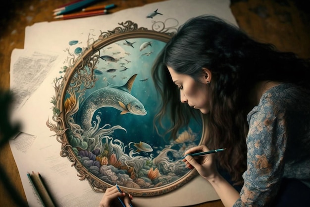 A woman draws a fish in a frame.