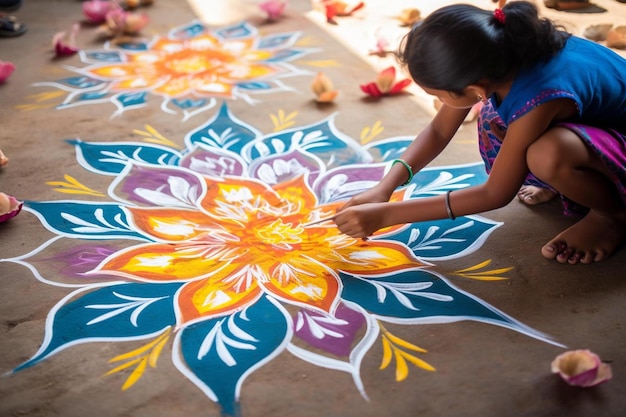 Photo a woman draws a flower on a floor.