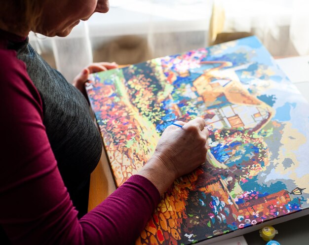 Woman draws with a brush painting by numbers on canvas Picture by numbers Drawing on canvas