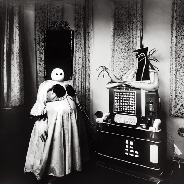 A woman in a dress and a clock that says " the time " on it.