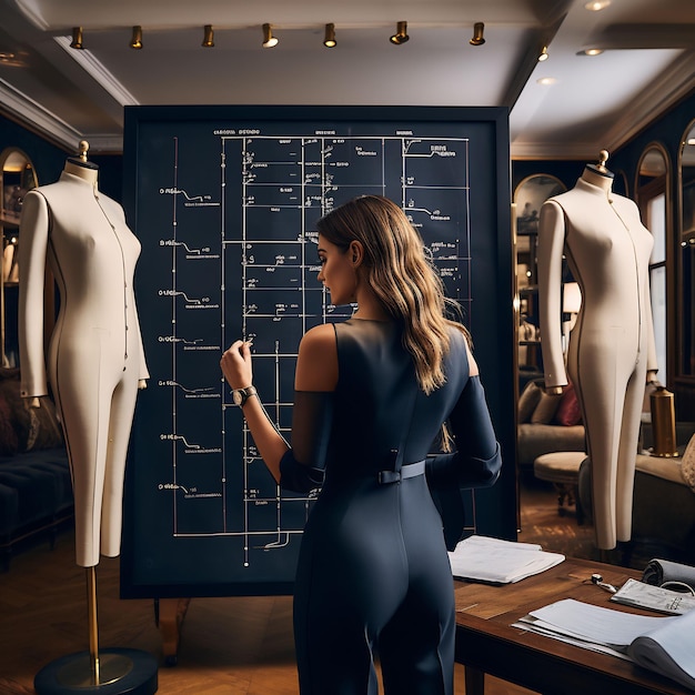 a woman in a dress drawing a design for a fashion show