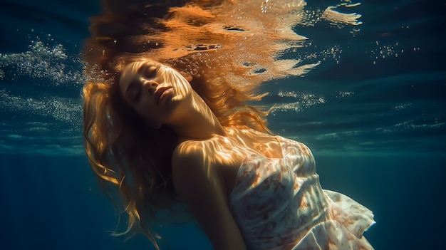 A woman in a dress floats under water