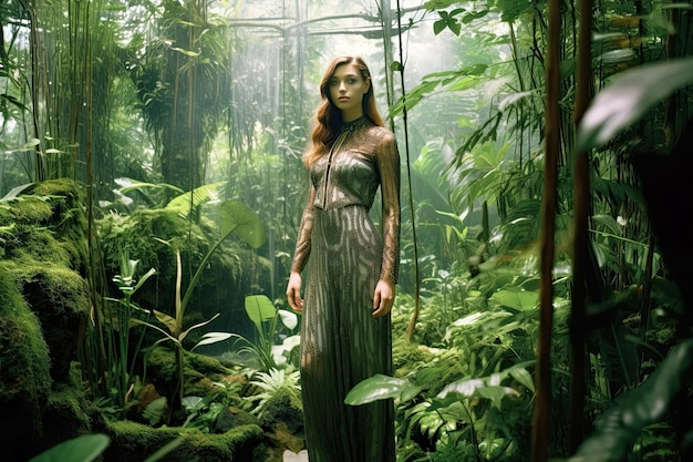 A woman in a dress in a forest