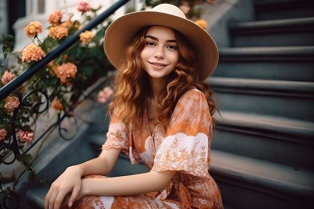 A woman in a dress and hat sits on steps in front of flowers.