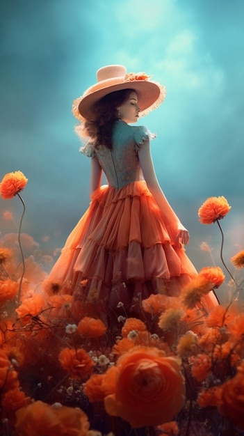 A woman in a dress and hat stands in a field of flowers.