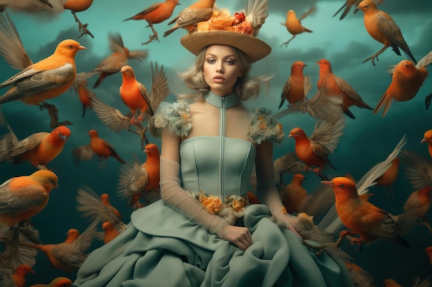 A woman in a dress and hat with birds on it