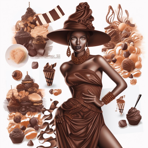 A woman in a dress and hat with chocolates and ice creams on it.