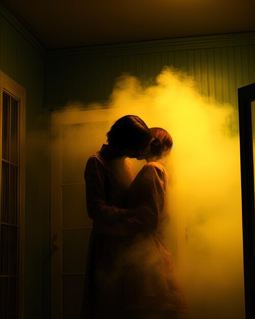 a woman in a dress is hugging a man in a smoke filled room
