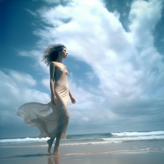женщина в платье стоит на пляже на фоне океана