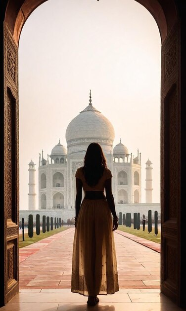 a woman in a dress is standing in front of a building with a view of the tomb