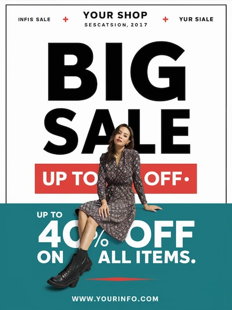 a woman in a dress is standing in front of a sign that says big sale