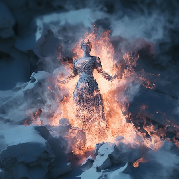 Photo a woman in a dress is surrounded by flames of fire.