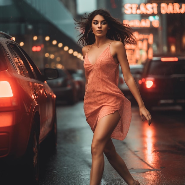 A woman in a dress is walking in the rain in front of a sign that says st - ast dari.