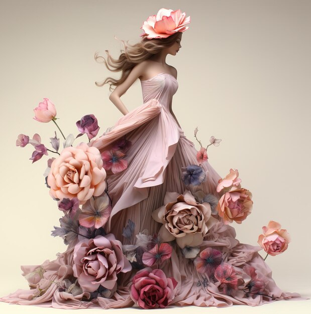 a woman in a dress made of flowers