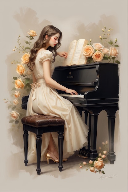 a woman in a dress playing a piano with roses around her neck