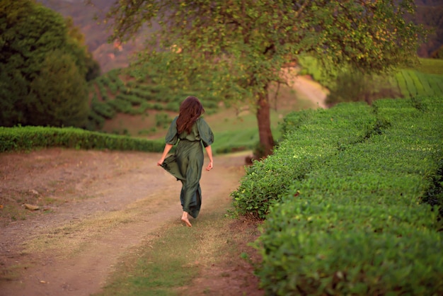 A woman in a dress runs along the road along the tea\
plantation.