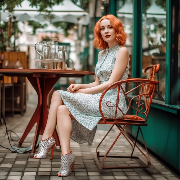 a woman in a dress sits in a chair with a red haircut.