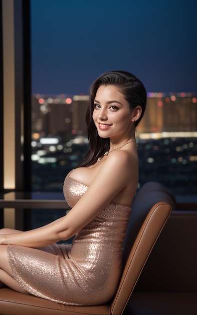 Photo a woman in a dress sitting on a chair in front of a window with a city view at night time in the bac