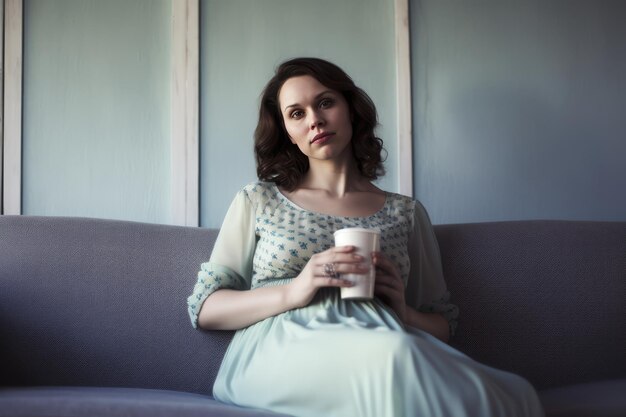 A woman in a dress sitting on a couch with a cup of milk